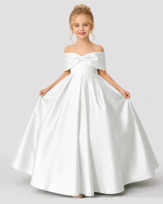 Elegant Ball Gown Off Shoulder Sleeveless Bow Back Floor Length Flower Girl Dress