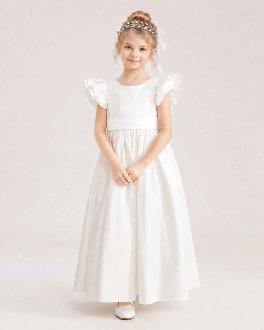 Elegant A-Line Round Neck Ruffle Sleeve Bow Back Maxi Flower Girl Dress