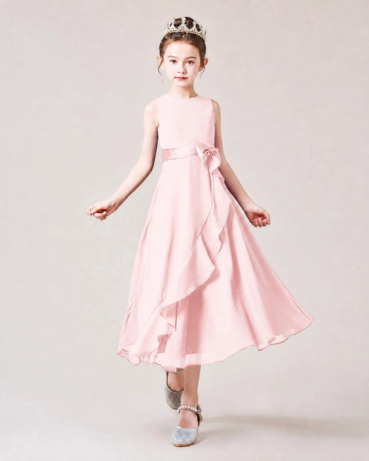 Elegant A-Line Round Neck Sleeveless Bow Back Ankle-Length Flower Girl Dress