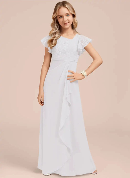 Elegant A Line V Neck Flutter Sleeve Zipper Back Floor Length First Communion Dress