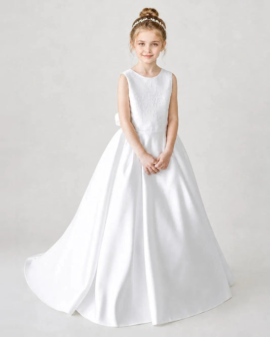 Elegant A-Line Round Neck Sleeveless V-Back Floor-Length Flower Girl Dress