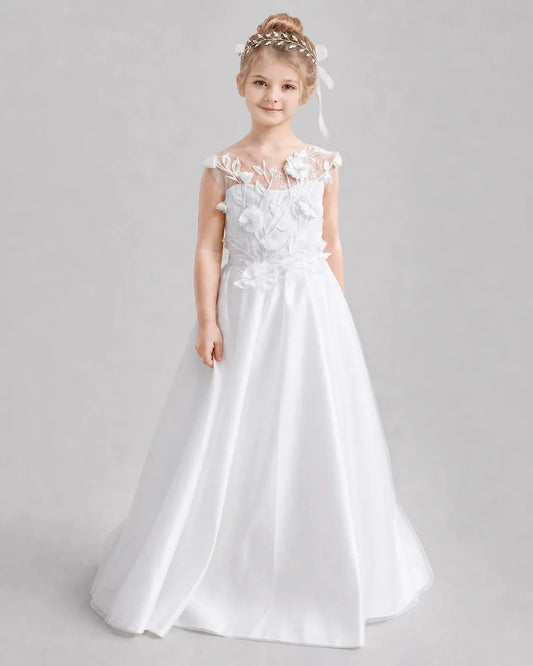 Elegant A-Line Illusion Neck Sleeveless Bow Back Floor-Length Flower Girl Dress