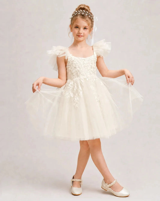 Elegant A-Line Square Neck Ruffle Sleeve Bow Back Knee-Length Flower Girl Dress
