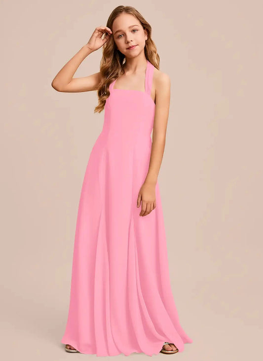 Elegant A-Line Halter Sleeveless Crisscross Back Floor-Length Junior Bridesmaid Dress