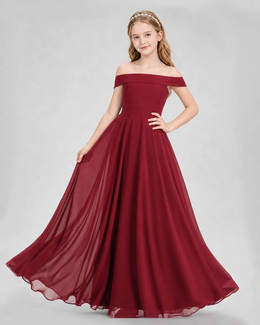 Elegant A-Line Off-Shoulder Sleeveless Zip-Back Floor-Length Junior Bridesmaid Dress