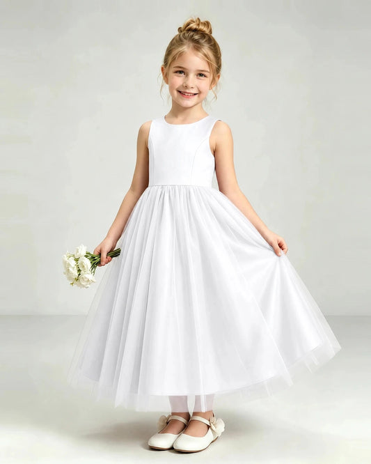 Elegant A-Line Round Neck Sleeveless Heart Back Ankle-Length Flower Girl Dress