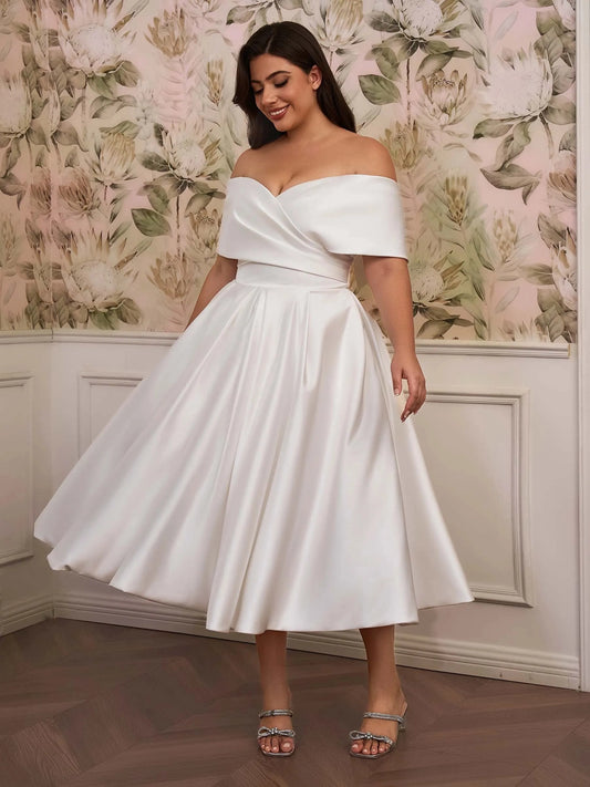Elegant A-Line Off-Shoulder Short-Sleeve Lace-Up-Back Tea-Length Wedding Dress