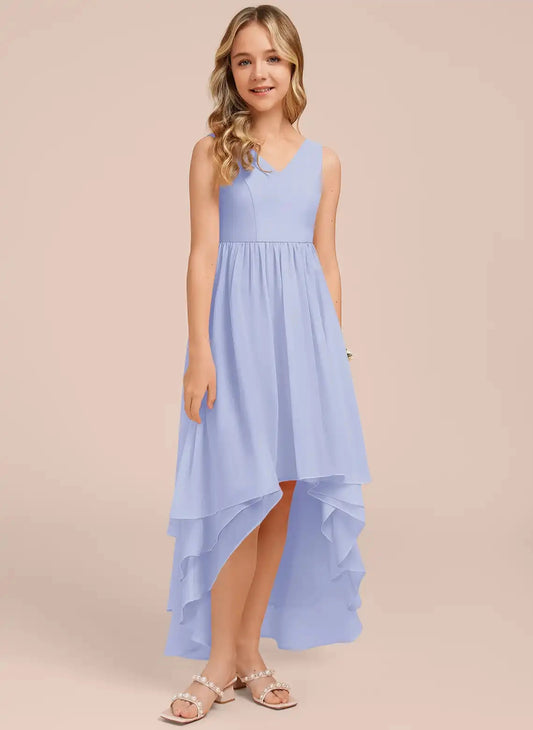 Soft A-Line V Neck Sleeveless V Back Hi-Low Junior Bridesmaid Dress
