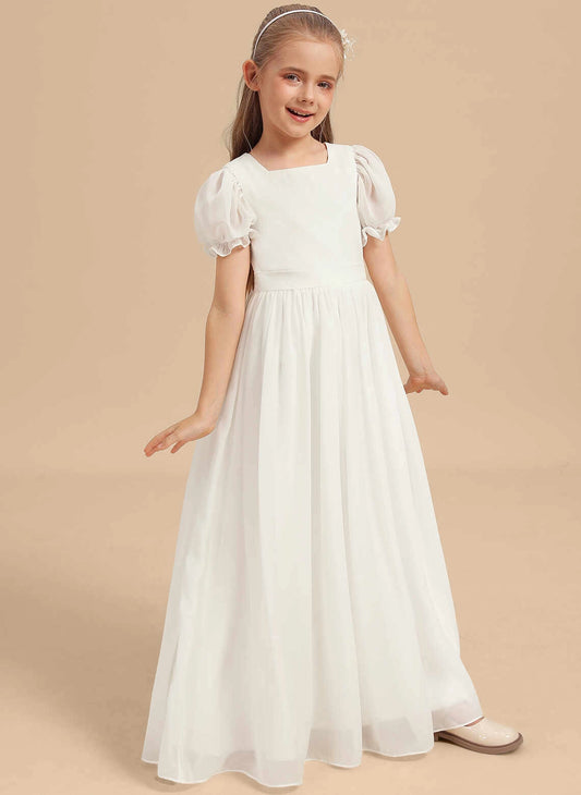 Elegant A-line Square Neck Puff Sleeve Bow Back Maxi First Communion Dress