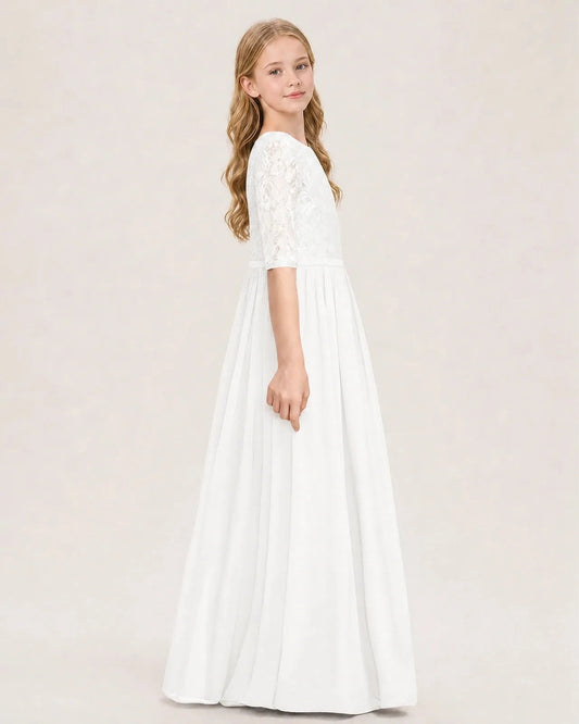 Elegant A Line Round Neck Lace Sleeve Zipper Back Floor Length Bridesmaid Dress