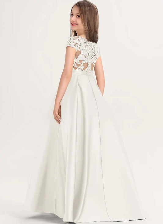 Elegant A Line Bateau Cap Sleeve Lace Back Floor Length First Communion Dress