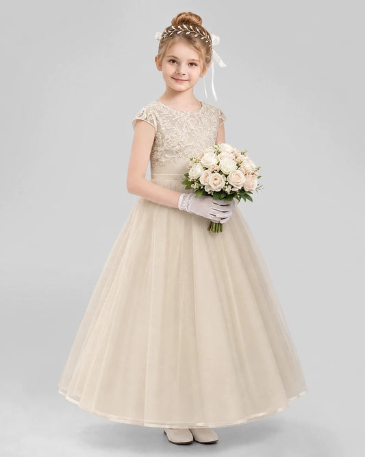 Elegant A-Line Round Neck Cap Sleeve Bow Back Floor-Length Flower Girl Dress