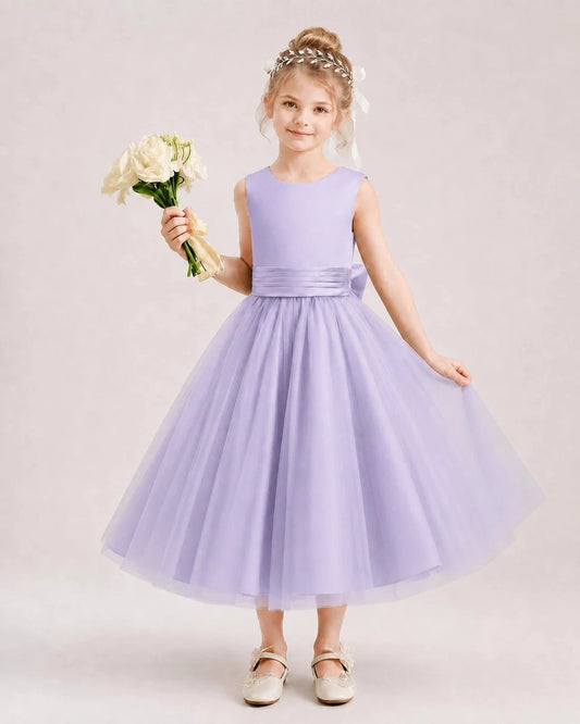 Elegant A-Line Round Neck Sleeveless Bow Back Tea-Length Flower Girl Dress