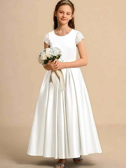 Elegant A Line Round Neck Cap Sleeve Lace Back Floor Length Flower Girl Dress