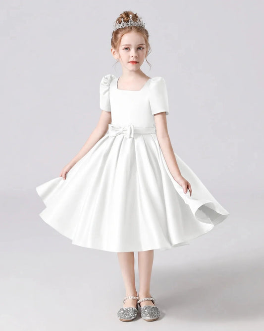 Elegant A-Line Square Neck Puff Sleeve Lace-Up Tea-Length Flower Girl Dress