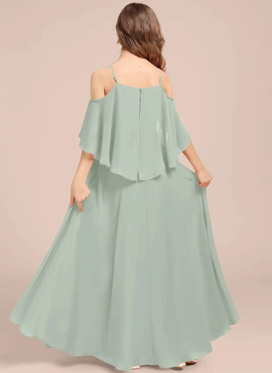 Flowy A-Line OFlowy A-Line Off Shoulder Spaghetti Strap Flutter Sleeve Zipper Back Maxi Junior Bridesmaid Dressff Shoulder Spaghetti Strap Flutter Sleeve Zipper Back Maxi Junior Bridesmaid Dress