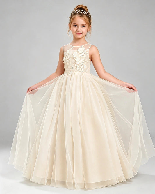 Elegant A-Line Illusion Neck Sleeveless V-Back Floor-Length Flower Girl Dress