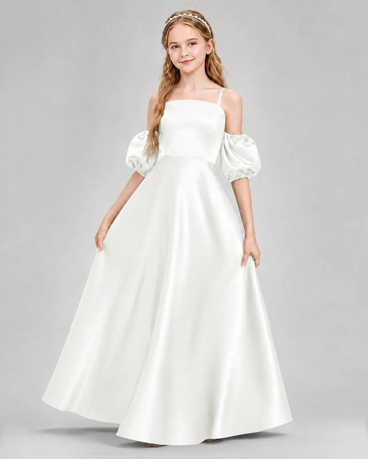 Elegant A Line Square Neck Puff Sleeve Zip Back Floor Length Dress