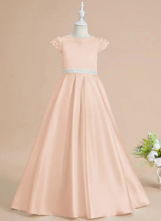 Elegant A Line Round Neck Cap Sleeve Lace Back Floor Length First Communion Dress