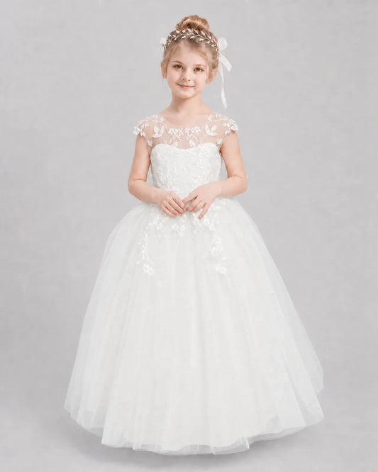 Elegant A-Line Illusion Neck Sleeveless V-Back Bow Floor-Length Flower Girl Dress