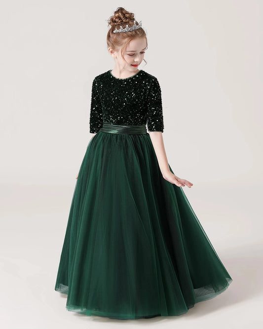 Sparkling A-Line Round Neck Elbow Sleeve Bow Back Floor-Length Flower Girl Dress
