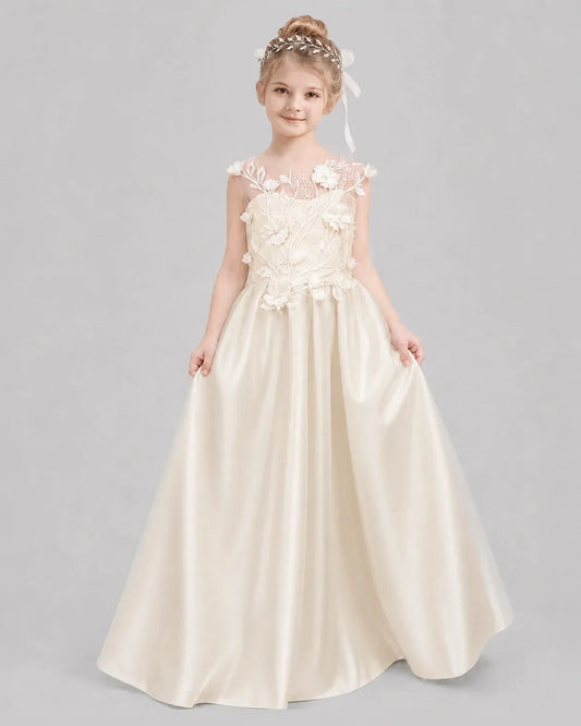Elegant A-Line Illusion Neck Sleeveless Bow Back Floor-Length Flower Girl Dress