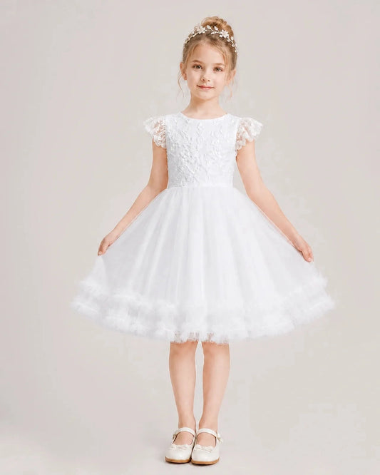 Elegant A-Line Round Neck Flutter Sleeve V-Back Knee-Length Flower Girl Dress