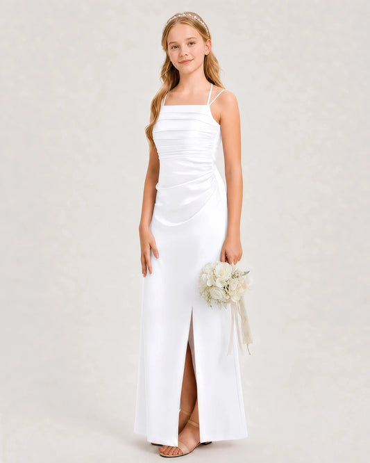 Elegant Column Square Neck Sleeveless Tie Back Maxi Junior Bridesmaid Dress