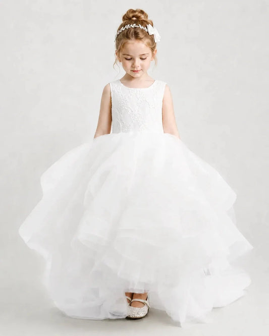 Elegant Ball Gown Round Neck Sleeveless V Back High Low Flower Girl Dress