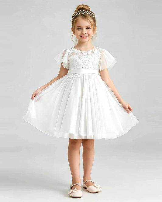 Elegant A-Line Round Neck Flutter Sleeve V-Back Knee-Length Flower Girl Dress
