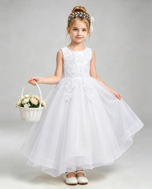 Elegant A-Line Round Neck Sleeveless Bow Back Long Flower Girl Dress