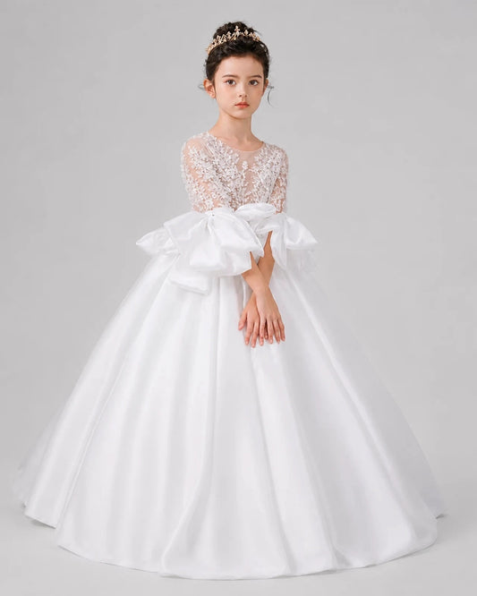 Elegant Ball Gown Round Neck Long Sleeve Button Back Floor Length Flower Girl Dress