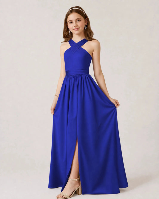 Elegant A Line Halter Sleeveless Open Back Floor Length Bridesmaid Dress