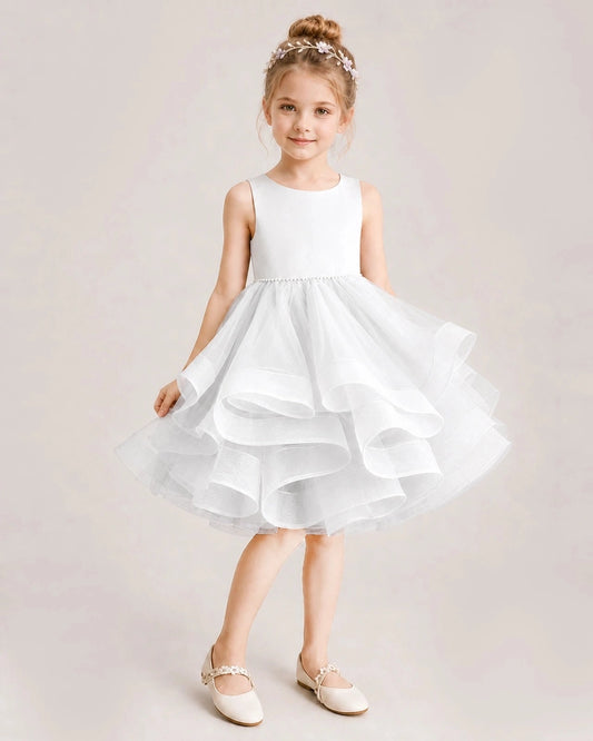 Elegant A-Line Round Neck Sleeveless Bow Back Knee-Length Flower Girl Dress