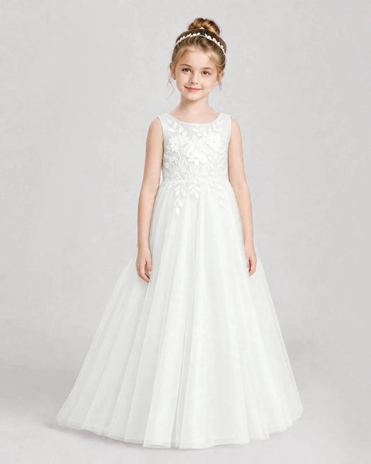 Elegant A-Line Round Neck Sleeveless Bow Back Floor-Length Flower Girl Dress