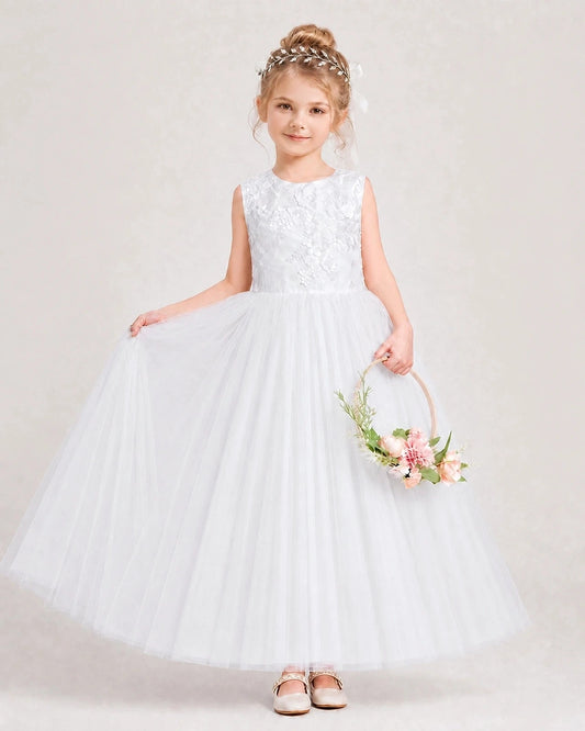 Elegant Ball Gown Round Neck Sleeveless V Back Floor Length Flower Girl Dress