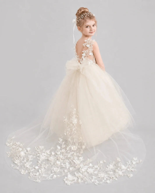 Elegant Ball Gown V Neck Sleeveless V Back Floor Length Flower Girl Dress