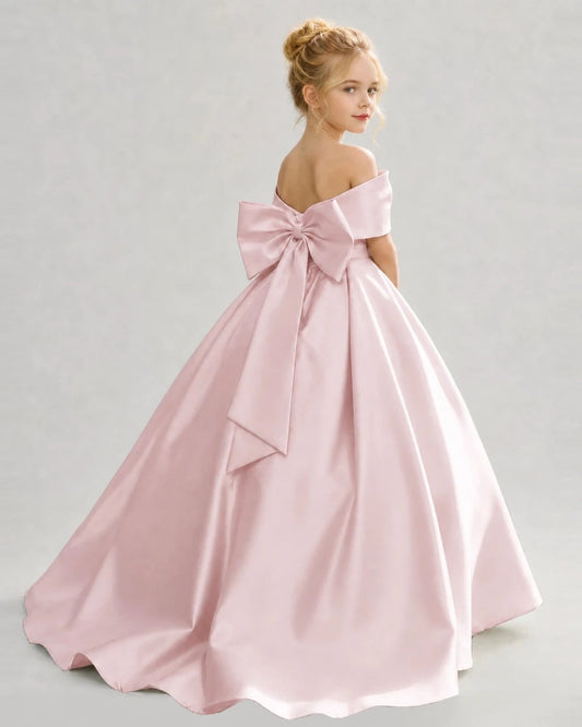 Elegant Ball Gown Off Shoulder Sleeveless Bow Back Floor Length Flower Girl Dress