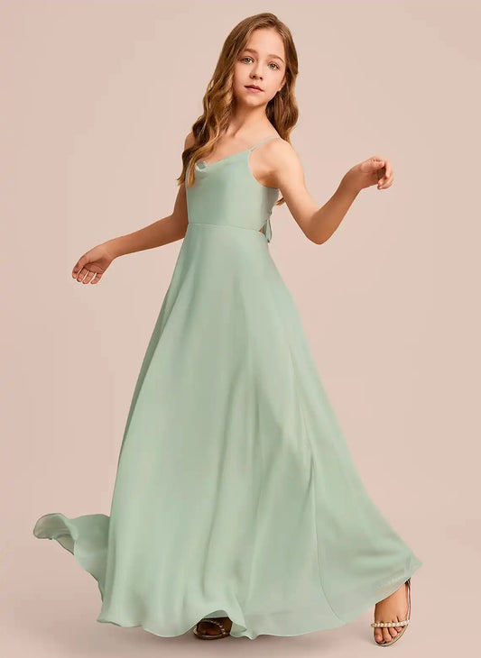 Flowy A-line Sweetheart Spaghetti Strap Tie Back Maxi Junior Bridesmaid Dress