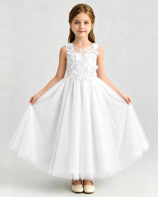 Elegant A-Line Illusion Neck Sleeveless V-Back Floor-Length Flower Girl Dress