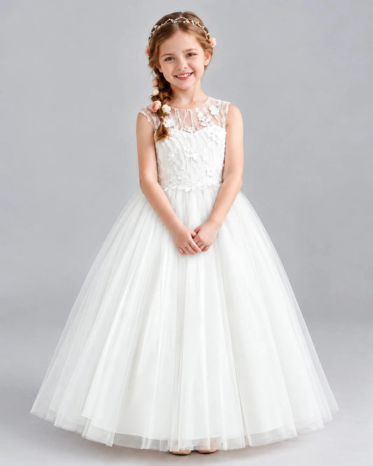 Romantic Ball Gown Illusion Neck Sleeveless V Back Floor Length Flower Girl Dress