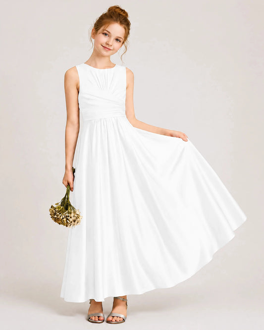 Elegant A Line Round Neck Sleeveless Zipper Back Maxi Flower Girl Dress