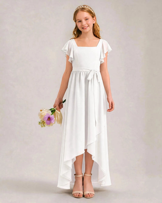 Elegant A Line Square Neck Flutter Sleeve V Back High Low Flower Girl Dress