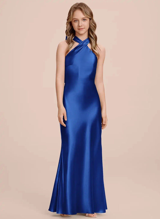 Luxury Mermaid Halter Sleeveless Bow Back Long Junior Bridesmaid Dress