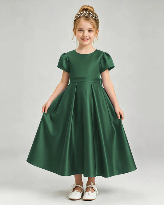 Elegant A-Line Round Neck Puff Sleeve Bow Back Midi Dress