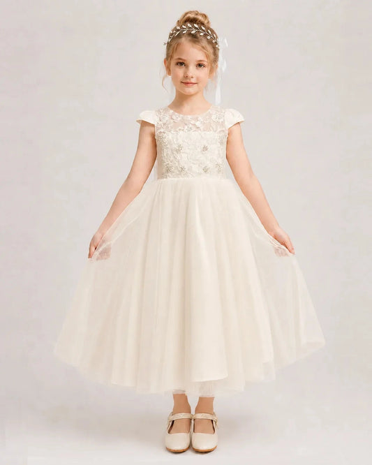 Elegant A-Line Round Neck Cap Sleeve Bow Back Tea-Length Flower Girl Dress