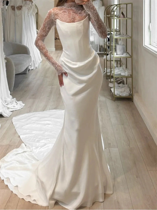 Elegant Mermaid High Neck Long Sleeve Covered Back Train Wedding Dress