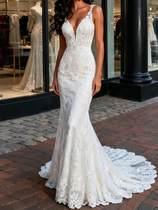 Romantic Mermaid V Neck Sleeveless Low Back Train Wedding Dress