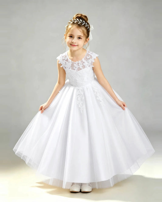 Elegant A Line Round Neck Sleeveless V Back Long Flower Girl Dress
