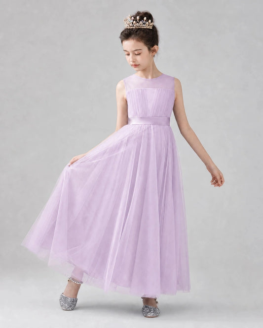 Elegant A-Line Illusion Neck Sleeveless Bow Back Maxi Flower Girl Dress